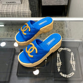 THICK SOLE WEDGE SLIPPERS IN COBALT BLUE LAMBSKIN AND BEIGE RUBBER